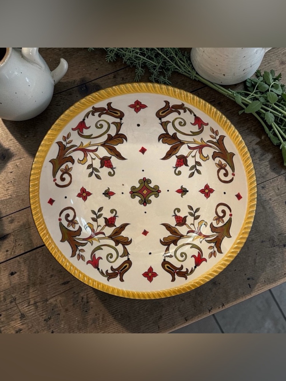 Pier 1 Oralia Hand Painted Serving Bowl Yellow Rim Floral Chile 13.25" x 2.5"